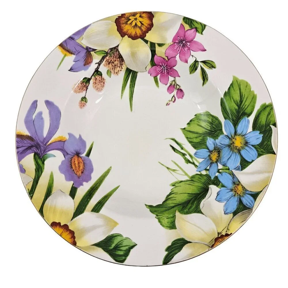 Emeiald White Floral Print Large Rimmed Ceramic Soup Salad Bowls – Set of 4